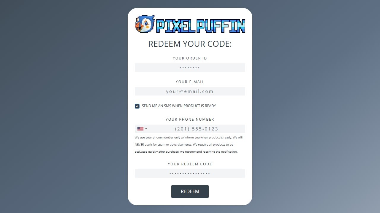 Modulo di riscatto Pixelpuffin con numero d'ordine, email e codice