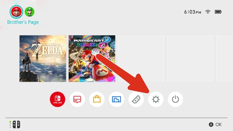 Menu principale di Nintendo Switch con l'icona delle impostazioni evidenziata