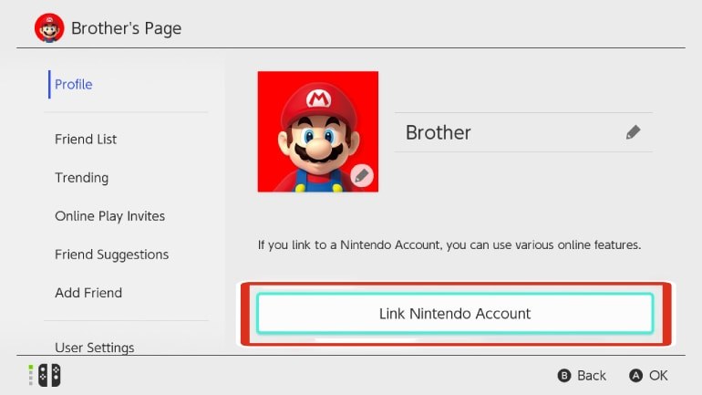 Schermata del profilo Switch con il pulsante per collegare l'account Nintendo evidenziato