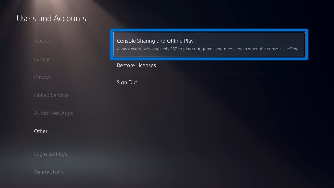 Opzione Condivisione console e gioco offline evidenziata