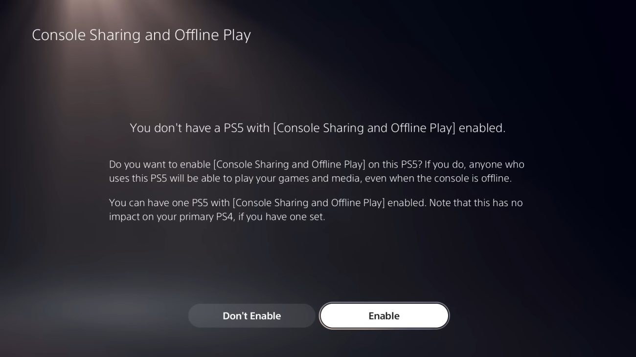 Pulsante Attiva per Condivisione console e gioco offline