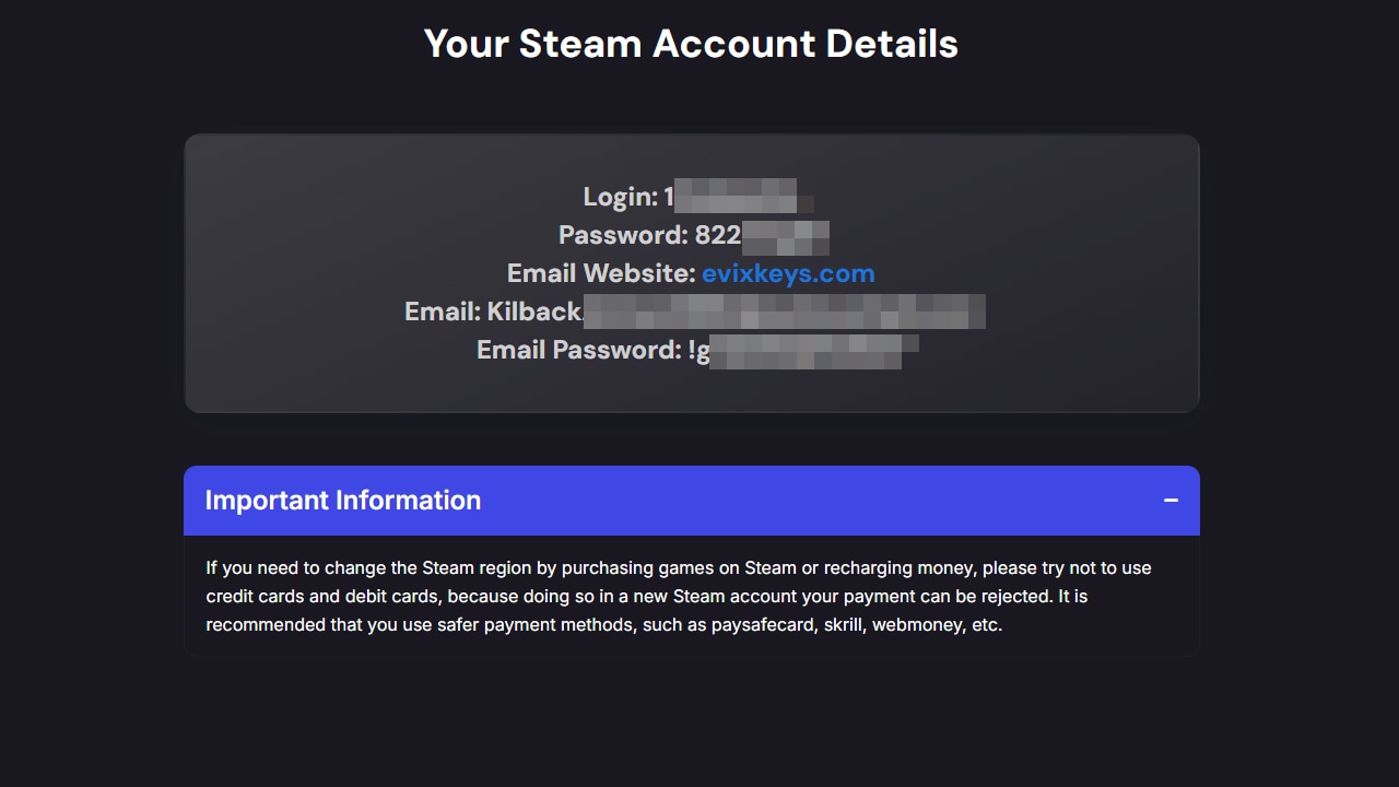 Pagina Cdkeymart con i dati del nuovo account