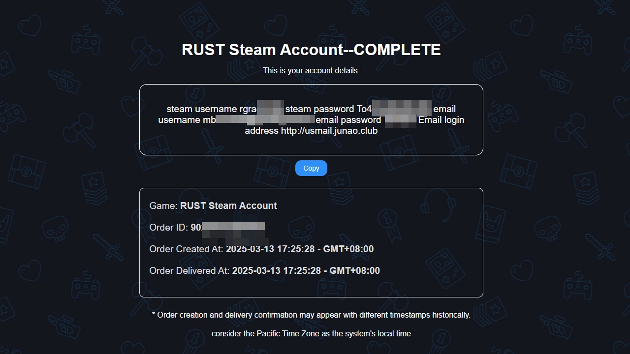 Pagina Junao con i dati del nuovo account